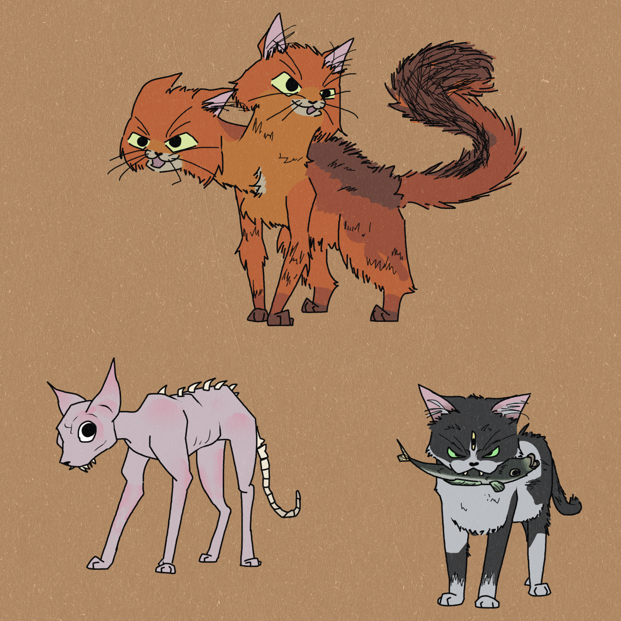 an assortment of three cats, digitally drawn, one a brown tabby with two heads, the second a black and white shorthair with a third eye, holding a fish, the last cat, hairless with harp teeth, a spiny back, and a tail made of bones.